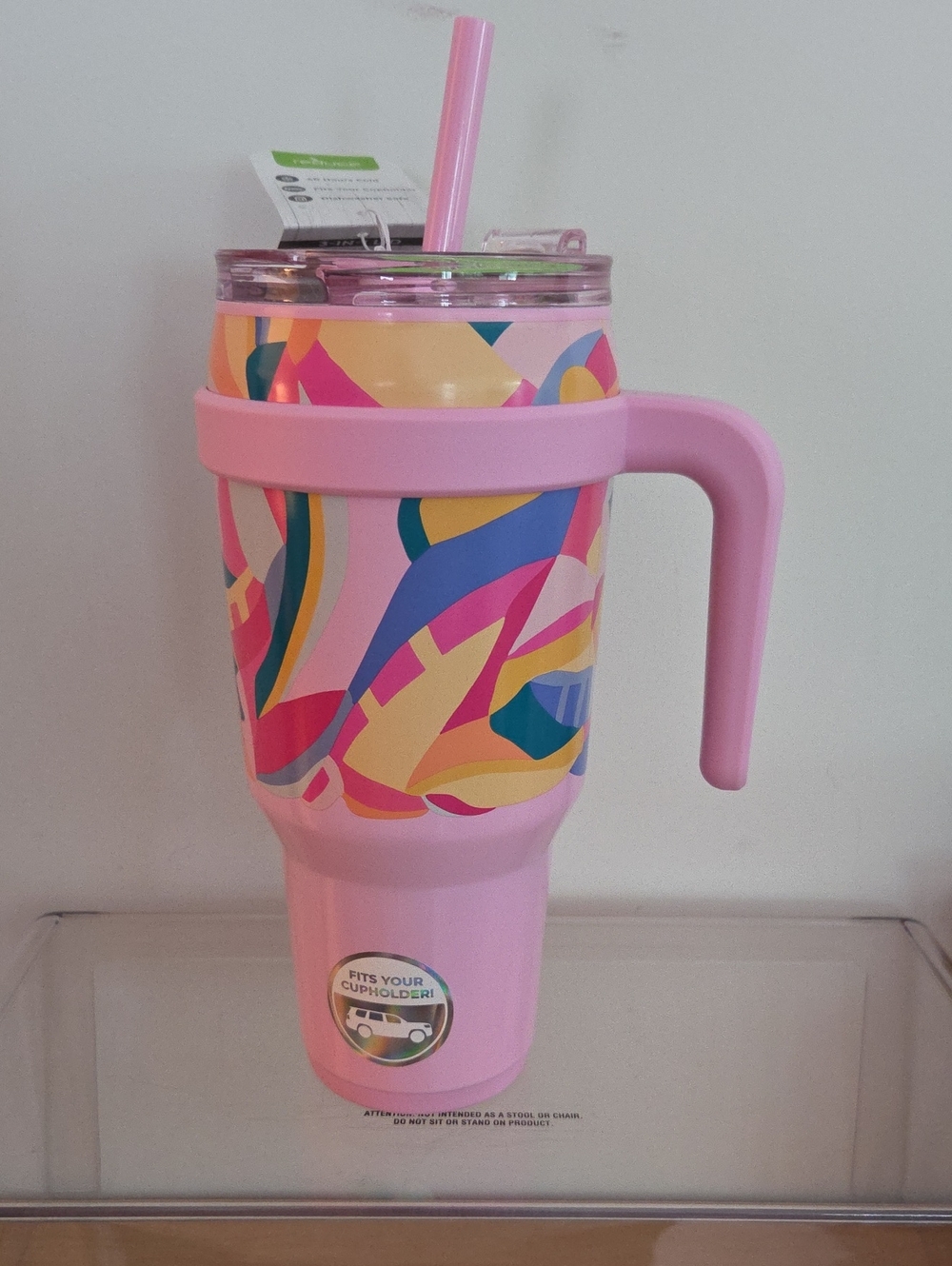 Reduce Pink Abstract Pattern Travel Tumbler with Handle and Straw...NWT